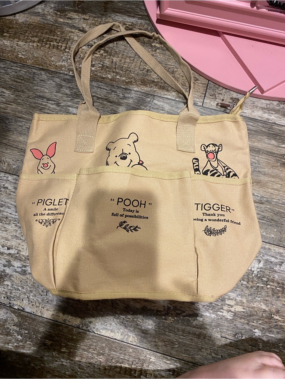 Beige Canvas Tote Bag with Pooh, Piglet & Tigger Prints